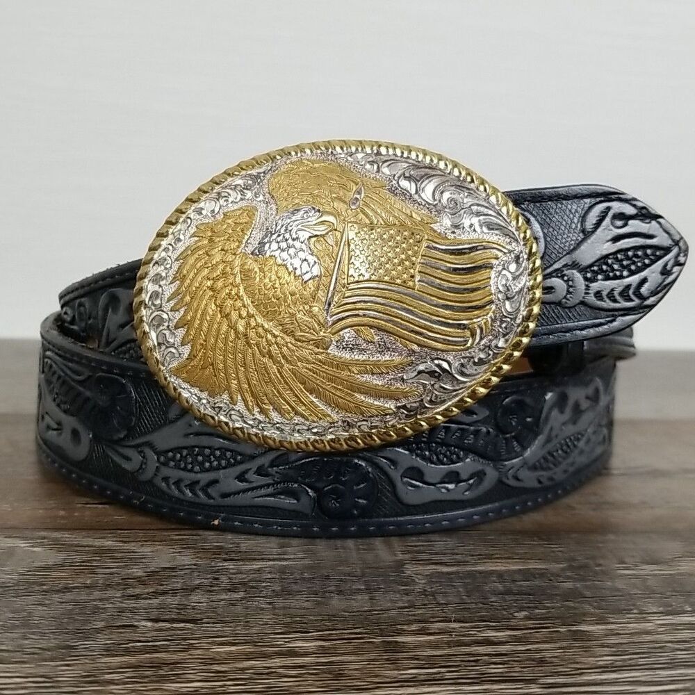 Vtg Crumrine Belt Buckle Eagle W/ American Flag In Silver And Bronze | Double S